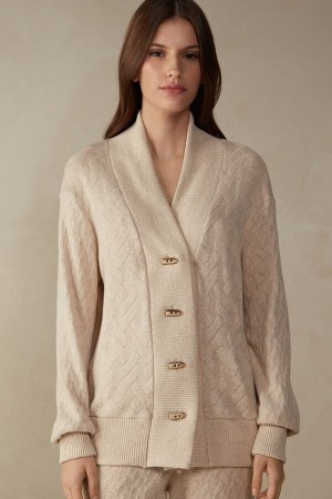 Dámské Bunda Intimissimi Zimní Braid Long Sleeve Jacquard Cardigan Béžový | CZ QZ4276