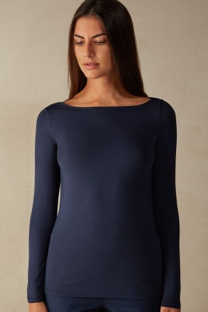 Dámské Dlouhým Rukávem Intimissimi Bateau Neck Top in Micromodal Blankyt | CZ HK4235