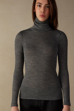 Dámské Dlouhým Rukávem Intimissimi High-Neck Tubular Top in Vlna and Silk Šedé | CZ HK4254