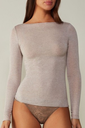 Dámské Dlouhým Rukávem Intimissimi Lodní Neck Modal Cashmere Ultralight Top Béžový | CZ SO4258