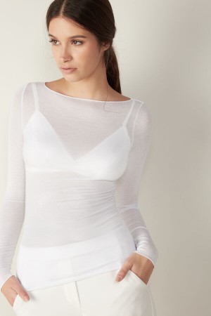 Dámské Dlouhým Rukávem Intimissimi Lodní Neck Modal Cashmere Ultralight Top Bílé | CZ YU4246