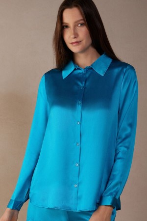 Dámské Dlouhým Rukávem Intimissimi Silk Shirt Tyrkysové | CZ WY4223