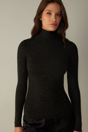 Dámské Dlouhým Rukávem Intimissimi Turtleneck Top in Modal Light with Cashmere Lamé Černé | CZ IS4244