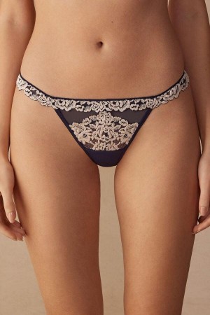 Dámské Kalhotky Intimissimi Pretty Flowers String Tanga Tmavě Blankyt Světle Žluté | CZ JJ3818