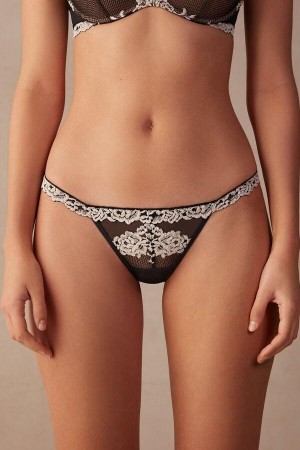 Dámské Kalhotky Intimissimi Pretty Flowers String Tanga Černé Bílé | CZ VD3760