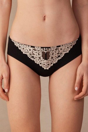 Dámské Kalhotky Intimissimi Pretty Flowers Seamless Bavlněné Černé Bílé | CZ AP3642