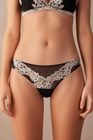 Dámské Kalhotky Intimissimi Pretty Flowers Brazilian Černé Bílé | CZ BC3499