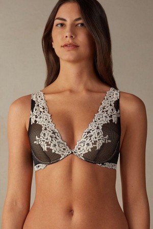 Dámské Podprsenky Intimissimi Pretty Flowers Elena Balconette Černé Bílé | CZ EX4819