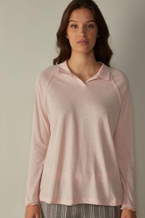 Dámské Pyžama Intimissimi Bavlněné Rouches Long Sleeve Polo Růžové | CZ GL3873