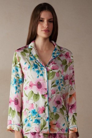 Dámské Pyžama Intimissimi Botanical Lyrics Satin Button Up Shirt Viacfarebný | CZ ZG3919