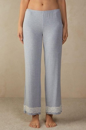 Dámské Pyžama Intimissimi Krajkové Trim Full Length Pants in Modal Světle Blankyt | CZ FM3996