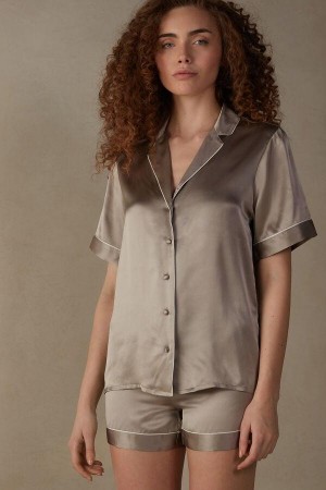 Dámské Pyžama Intimissimi Krátké Sleeve Silk Shirt with Contrast Trim Béžový | CZ IS3932