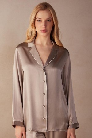 Dámské Pyžama Intimissimi Mannish-Cut Jacket in Silk Satin Béžový | CZ IS4036