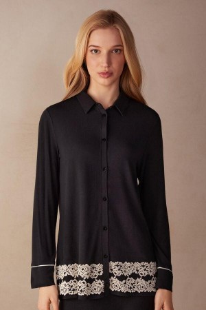 Dámské Pyžama Intimissimi Pretty Flowers Button Up Shirt in Modal Černé Bílé | CZ JJ3870