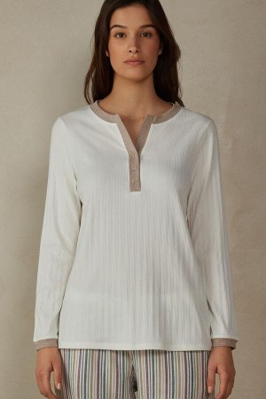 Dámské Pyžama Intimissimi Žebrovaný Bavlněné Long Sleeve Henley Top Bílé | CZ YU3882