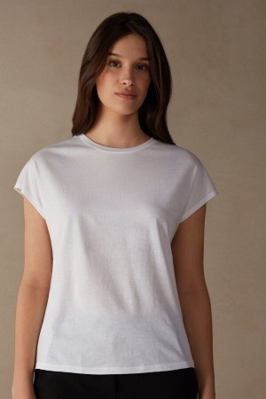 Dámské Short Sleeve Intimissimi Crew Neck Top in Supima® Ultrafresh cotton Bílé | CZ EX4197