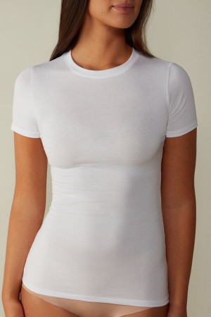 Dámské Short Sleeve Intimissimi Stretch Supima® Bavlněné Top Bílé | CZ HK4209