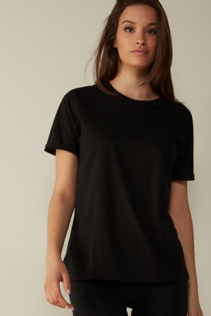 Dámské Short Sleeve Intimissimi Supima® Bavlněné Top Černé | CZ GL4210