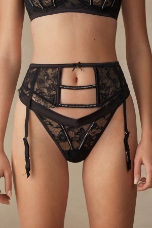 Dámské Spodní Prádlo Intimissimi Shine High Like Stars Garter Belt Černé | CZ FM4159