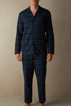 Pánské Pyžama Intimissimi Full Length in Brushed Blue Check Patterned Cloth Blankyt | CZ HK3138