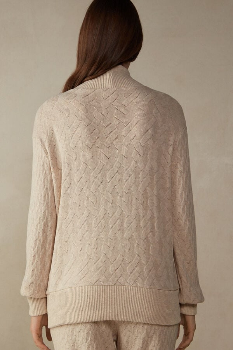 Dámské Bunda Intimissimi Zimní Braid Long Sleeve Jacquard Cardigan Béžový | CZ QZ4276