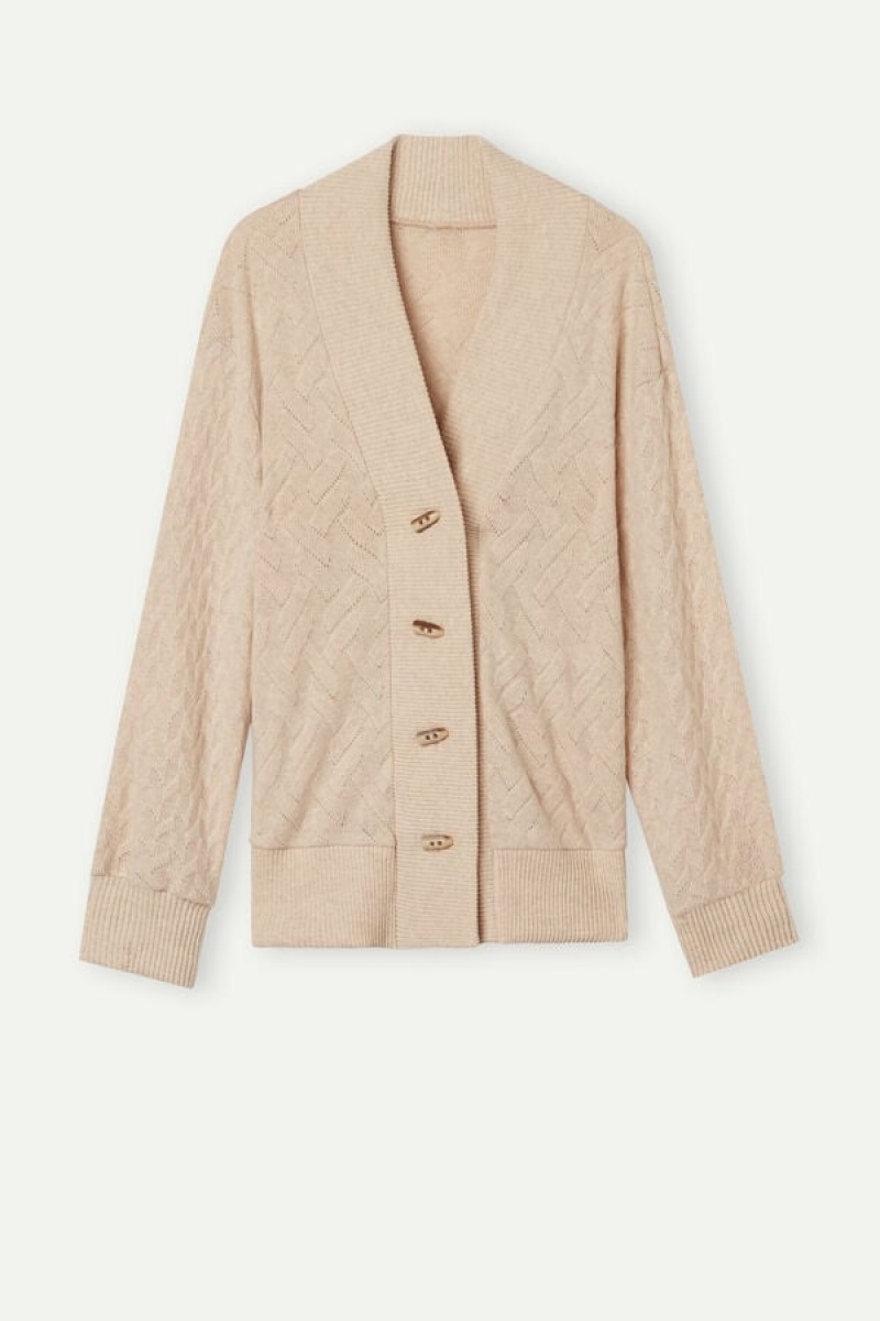 Dámské Bunda Intimissimi Zimní Braid Long Sleeve Jacquard Cardigan Béžový | CZ QZ4276