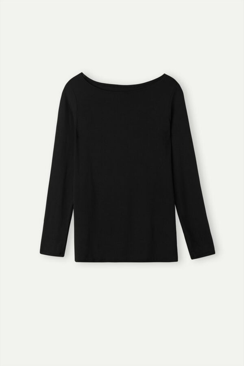 Dámské Dlouhým Rukávem Intimissimi Bateau Neck Top in Micromodal Černé | CZ HK4236