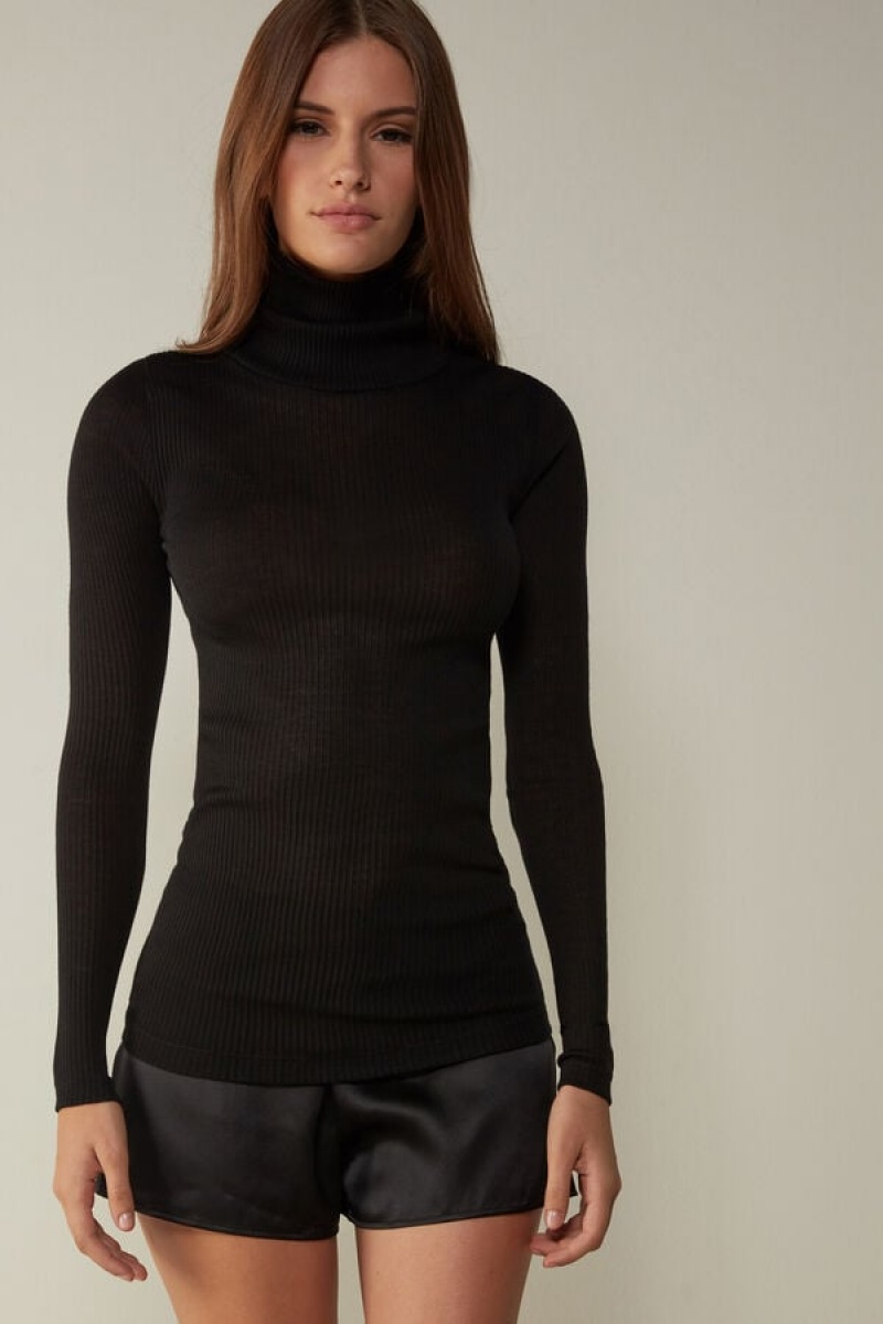 Dámské Dlouhým Rukávem Intimissimi High-Neck Tubular Top in Vlna and Silk Černé | CZ DN4257