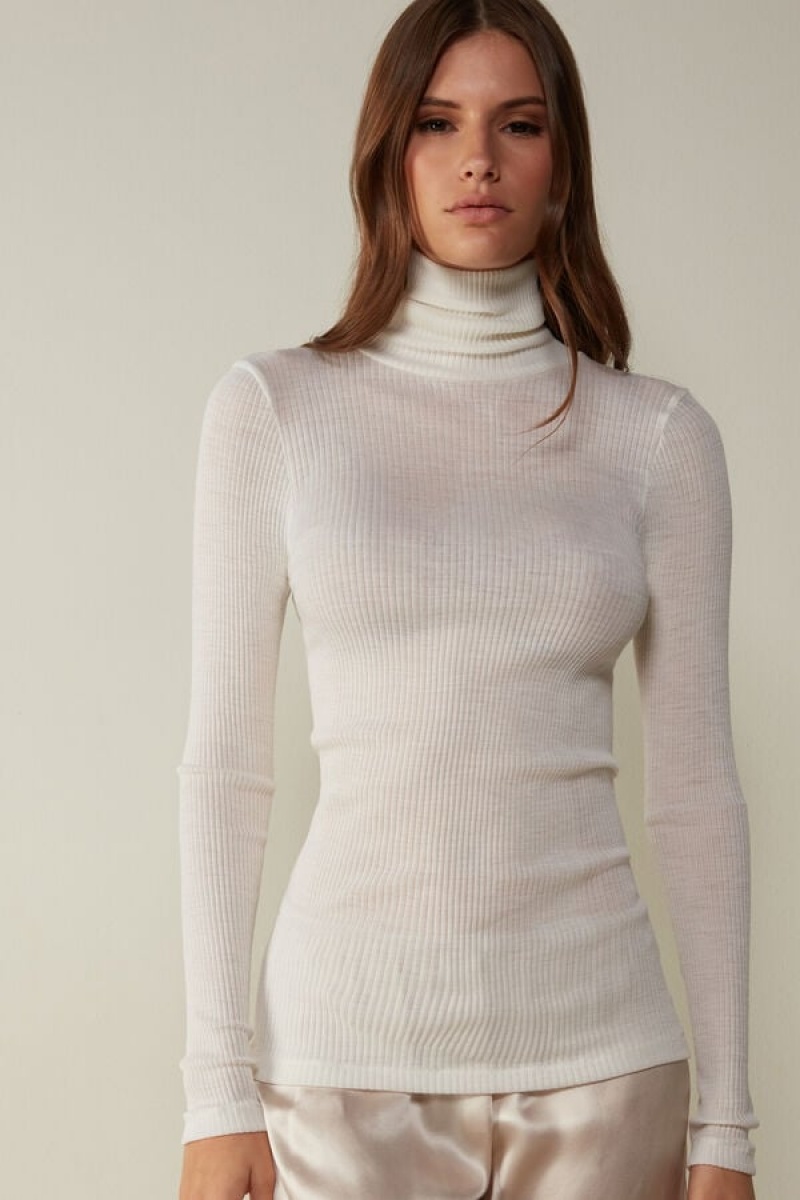 Dámské Dlouhým Rukávem Intimissimi High-Neck Tubular Top in Vlna and Silk Bílé | CZ GL4255