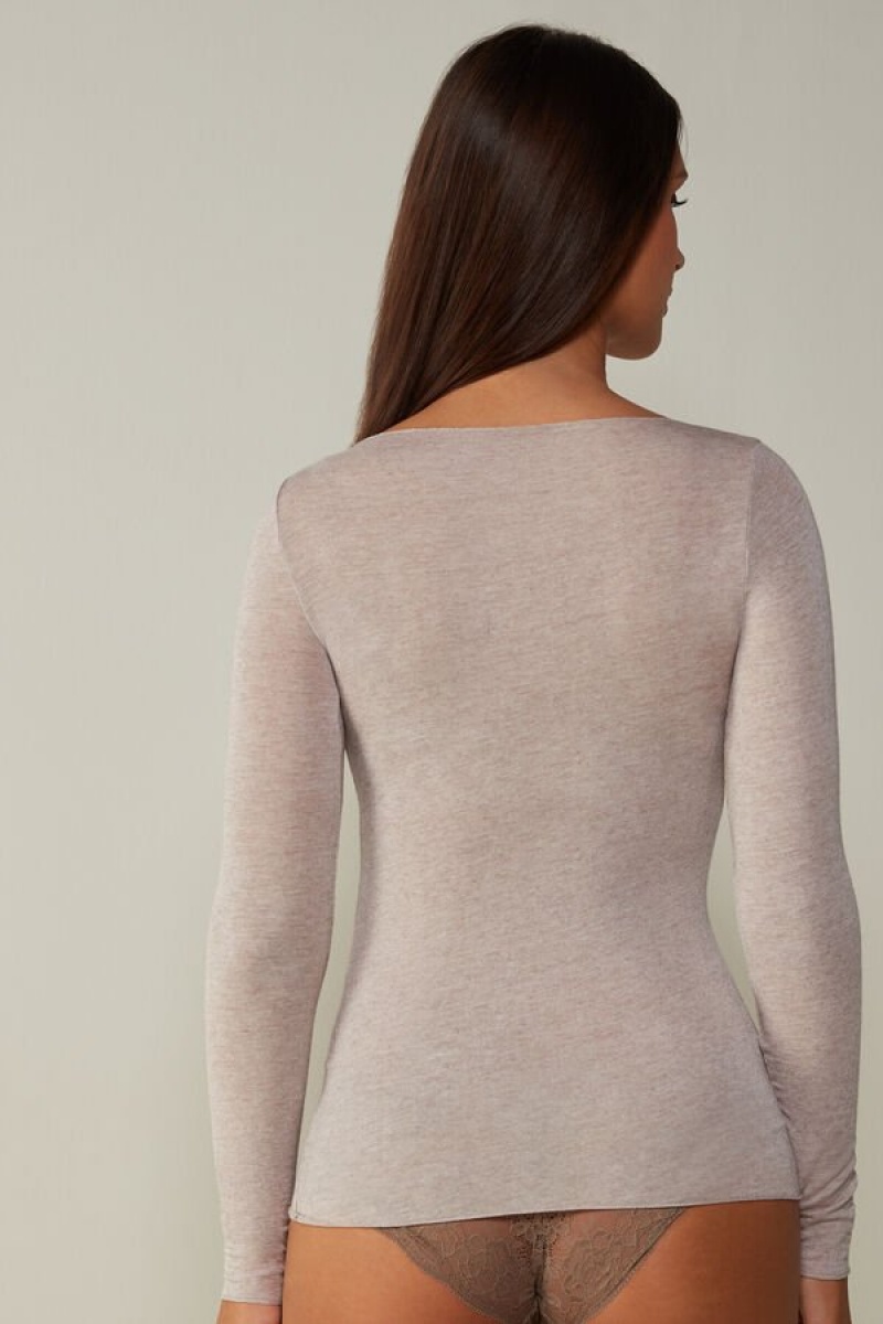 Dámské Dlouhým Rukávem Intimissimi Lodní Neck Modal Cashmere Ultralight Top Béžový | CZ SO4258