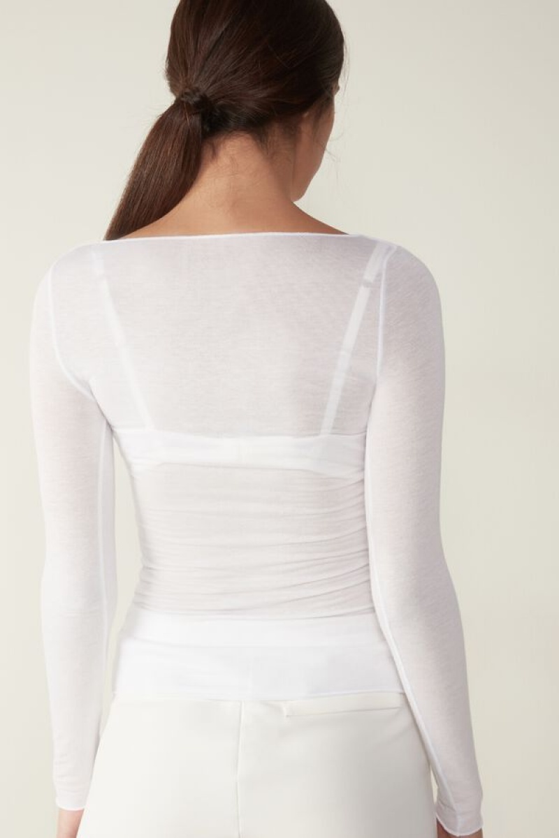 Dámské Dlouhým Rukávem Intimissimi Lodní Neck Modal Cashmere Ultralight Top Bílé | CZ YU4246