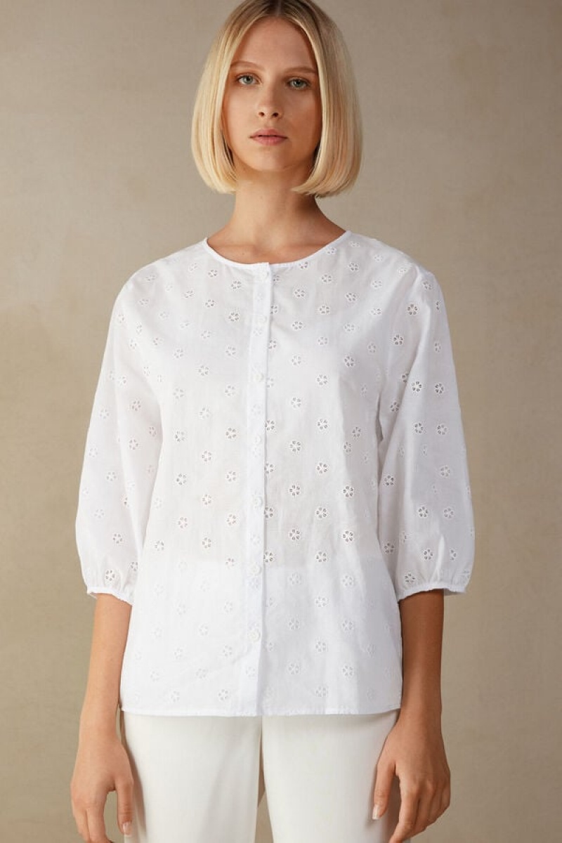 Dámské Dlouhým Rukávem Intimissimi Morning Feelings Shirt in Plain Weave Bavlněné Bílé | CZ DN4239