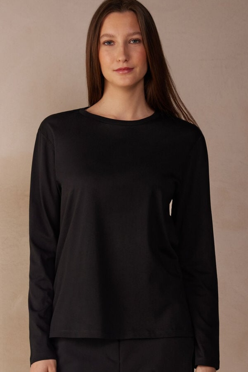 Dámské Dlouhým Rukávem Intimissimi Oversized Top in Supima® Bavlněné Černé | CZ YU4219