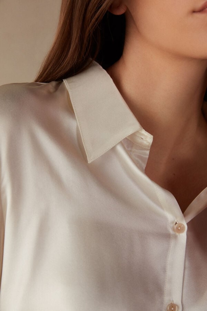 Dámské Dlouhým Rukávem Intimissimi Silk Shirt Bílé | CZ WY4250