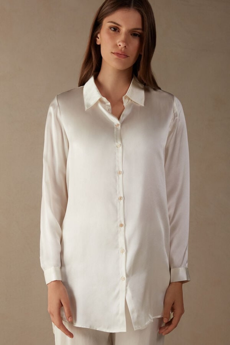 Dámské Dlouhým Rukávem Intimissimi Silk Shirt Bílé | CZ WY4250