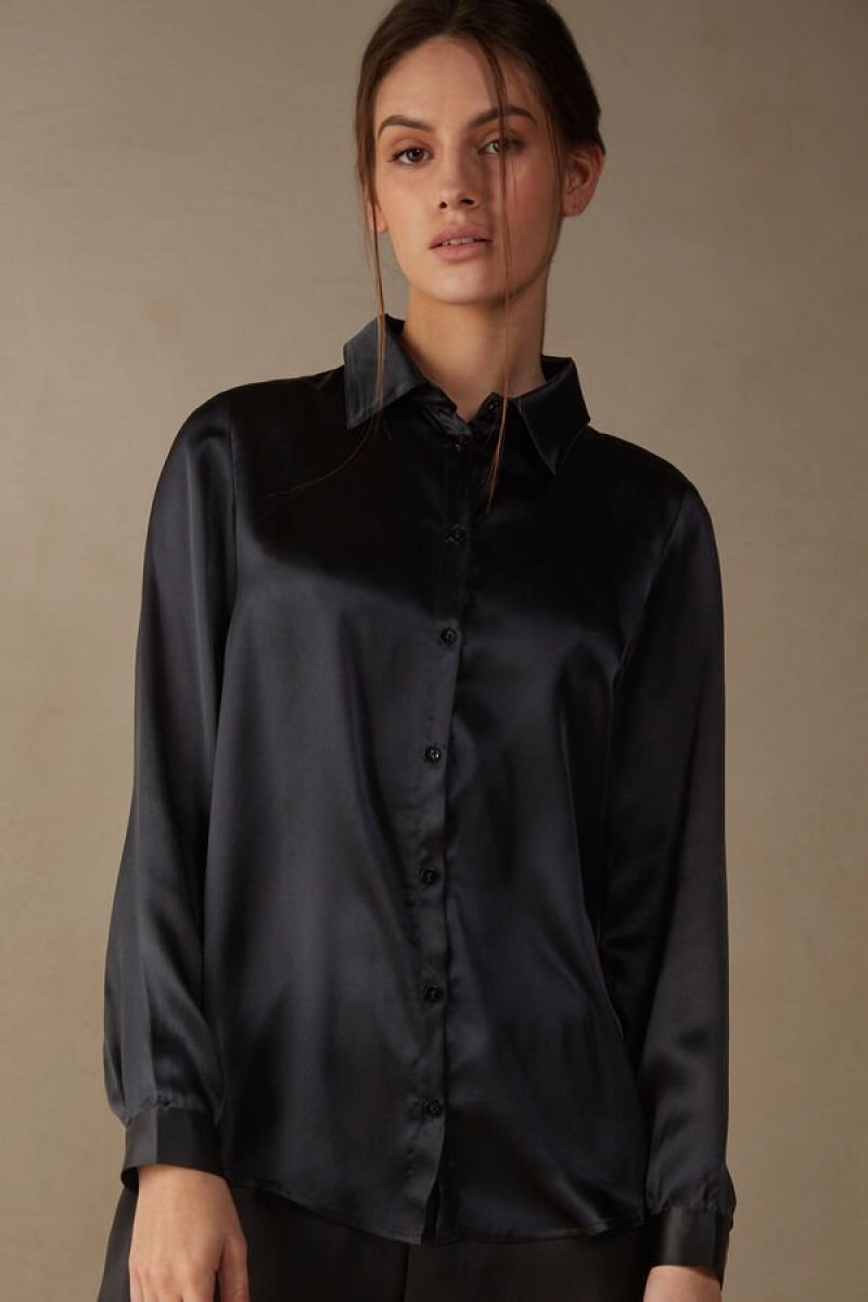 Dámské Dlouhým Rukávem Intimissimi Silk Shirt Černé | CZ OR4243