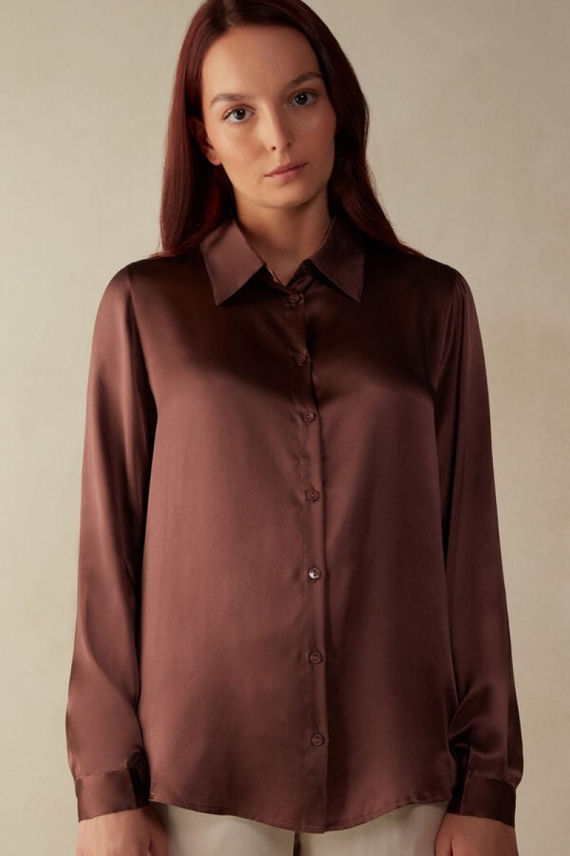 Dámské Dlouhým Rukávem Intimissimi Silk Shirt Hnědé | CZ FM4238