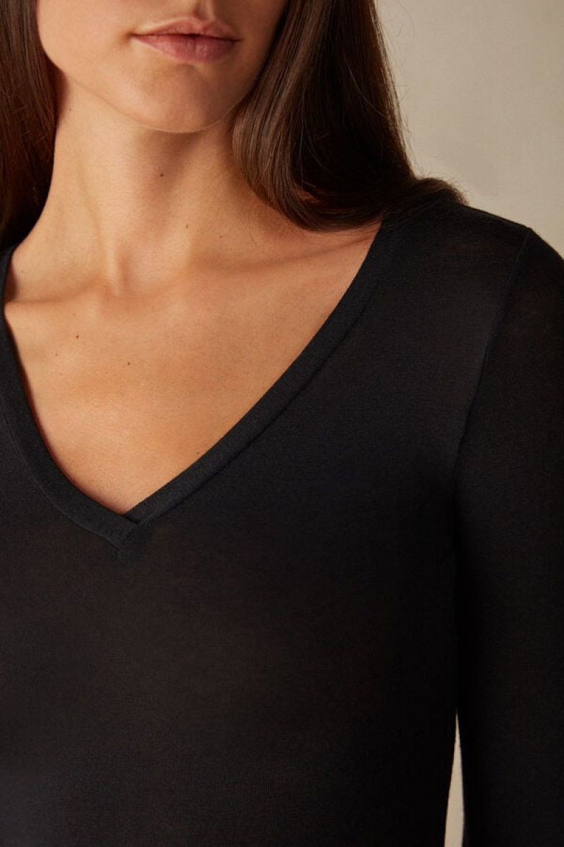 Dámské Dlouhým Rukávem Intimissimi V-neck top in Modal Ultralight with Cashmere Černé | CZ KI4233