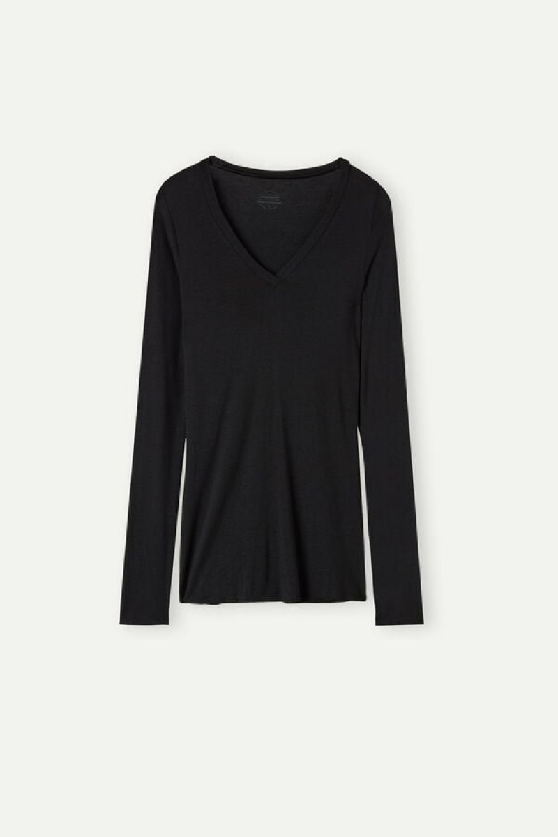 Dámské Dlouhým Rukávem Intimissimi V-neck top in Modal Ultralight with Cashmere Černé | CZ KI4233