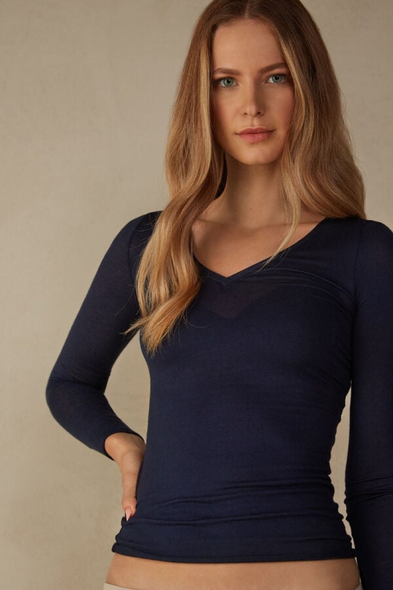 Dámské Dlouhým Rukávem Intimissimi V-neck top in Modal Ultralight with Cashmere Blankyt | CZ XF4230