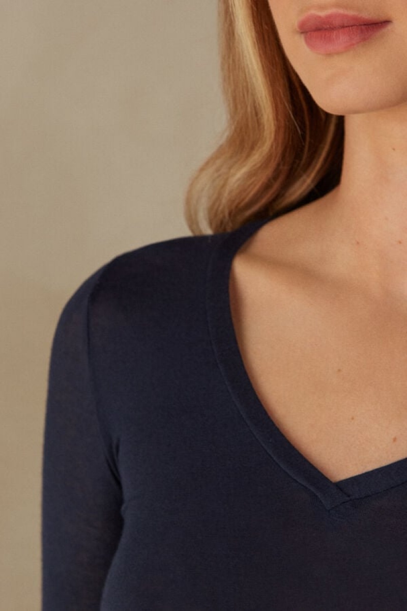 Dámské Dlouhým Rukávem Intimissimi V-neck top in Modal Ultralight with Cashmere Blankyt | CZ XF4230