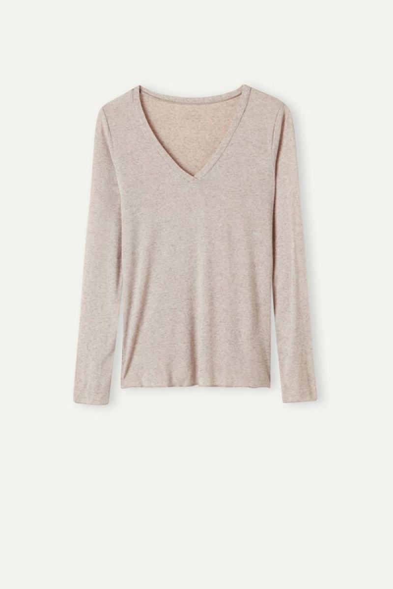 Dámské Dlouhým Rukávem Intimissimi V-neck top in Modal Ultralight with Cashmere Béžový | CZ CE4229