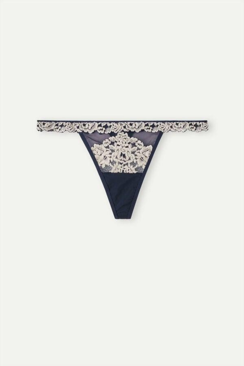 Dámské Kalhotky Intimissimi Pretty Flowers String Tanga Tmavě Blankyt Světle Žluté | CZ JJ3818