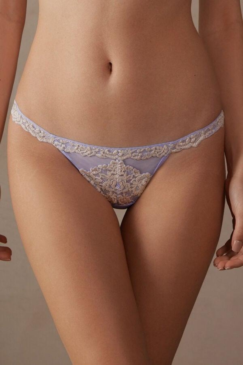 Dámské Kalhotky Intimissimi Pretty Flowers String Tanga Levandule Bílé | CZ CE3813