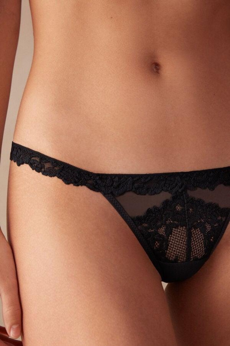 Dámské Kalhotky Intimissimi Pretty Flowers String Tanga Černé | CZ DN3771