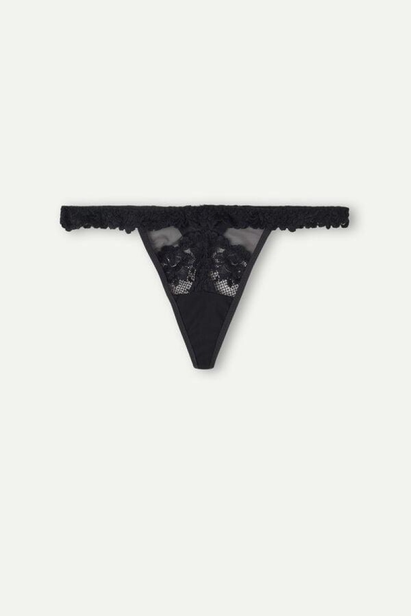 Dámské Kalhotky Intimissimi Pretty Flowers String Tanga Černé | CZ DN3771