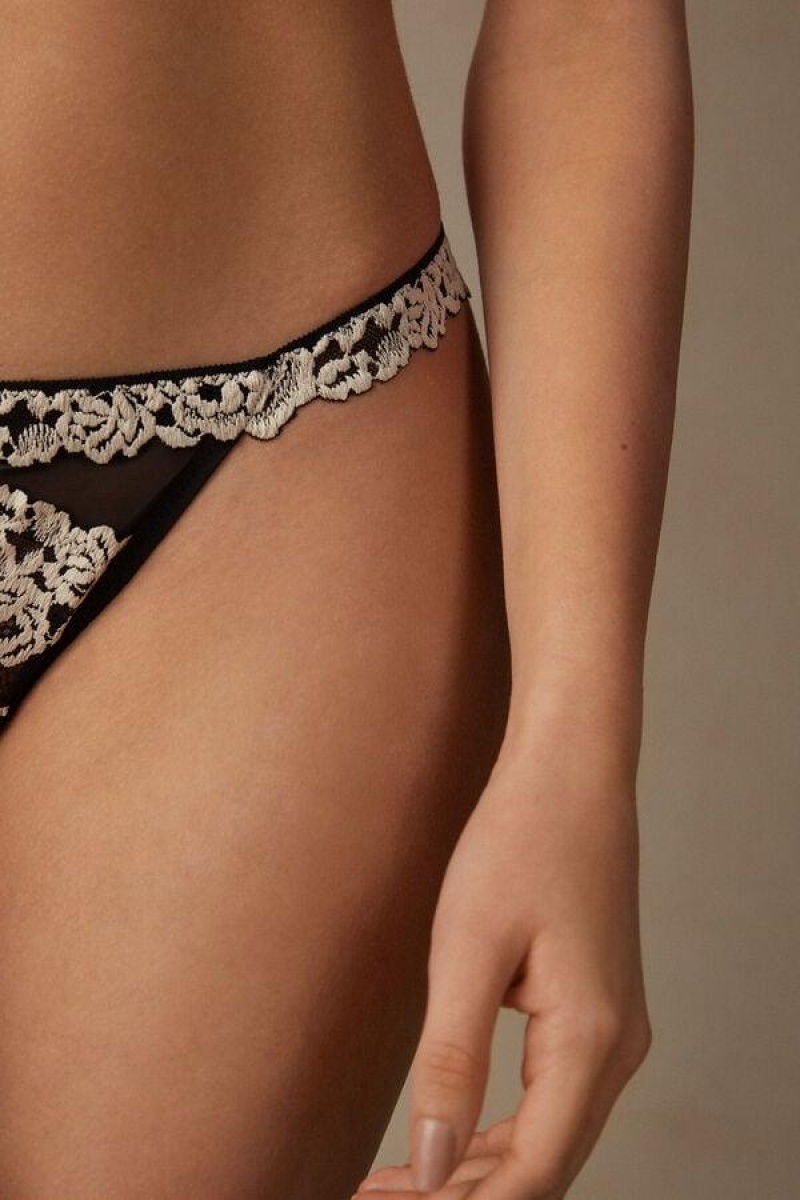 Dámské Kalhotky Intimissimi Pretty Flowers String Tanga Černé Bílé | CZ VD3760