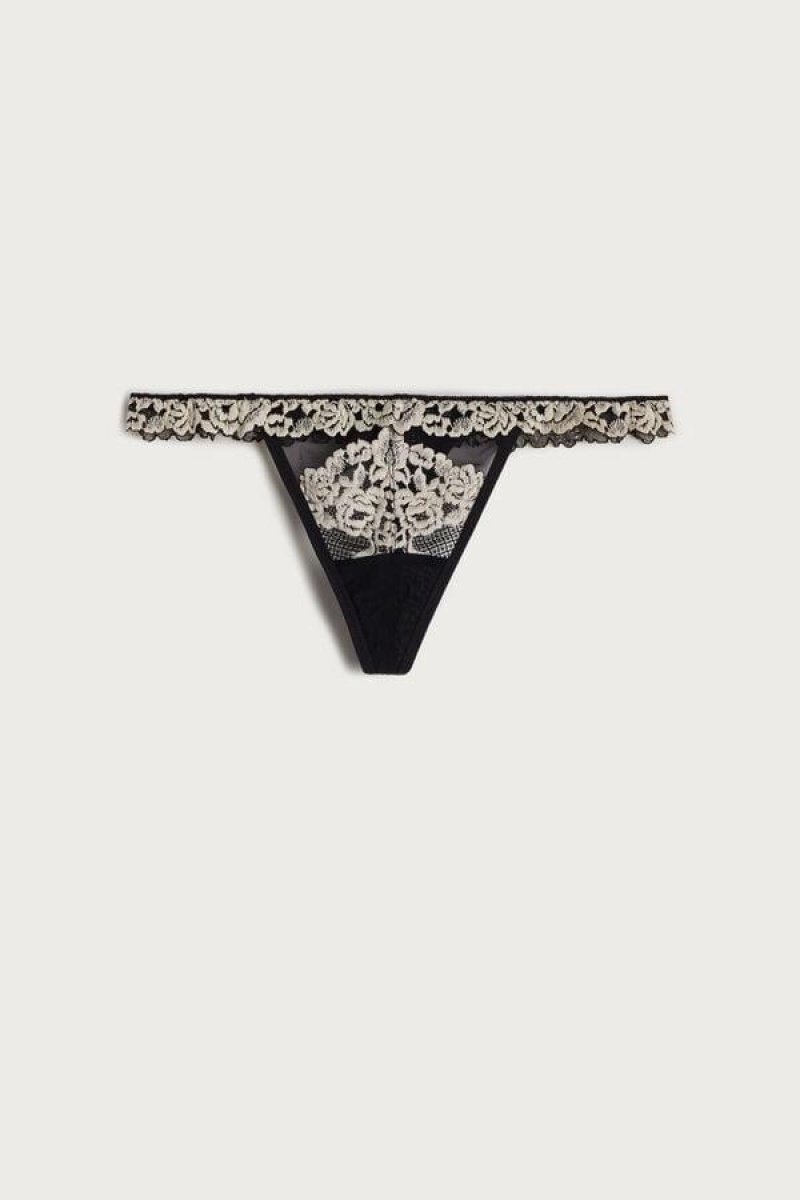 Dámské Kalhotky Intimissimi Pretty Flowers String Tanga Černé Bílé | CZ VD3760