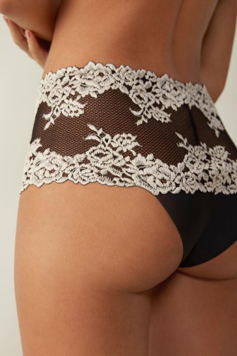 Dámské Kalhotky Intimissimi Pretty Flowers Hipster Brazilian Černé Bílé | CZ SO3720