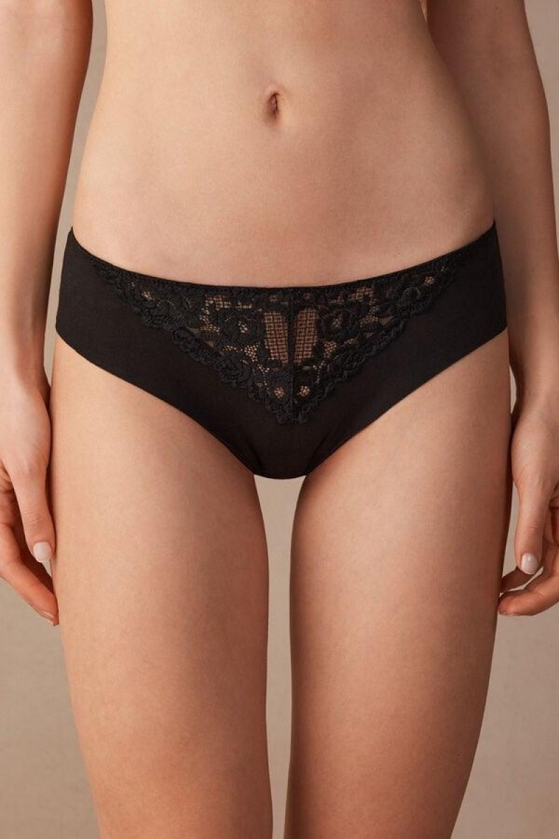 Dámské Kalhotky Intimissimi Pretty Flowers Seamless Bavlněné Černé | CZ QZ3652